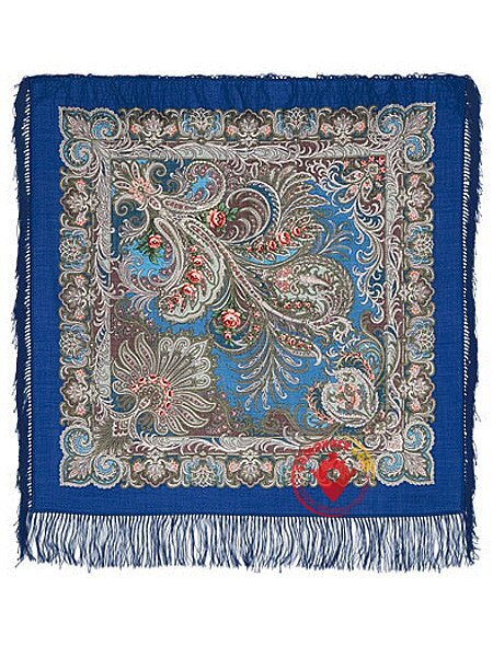 Павлопосадский шерстяной платок с шелковой бахромой «У синего моря», рисунок 681-13